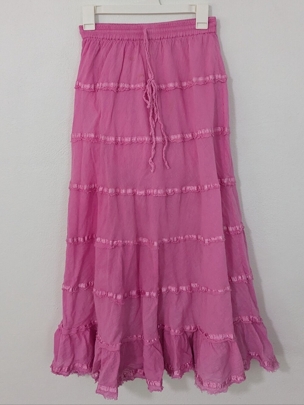 Vintage Y2K Tiered Peasant Skirt Drawstring Waist Gauzy Pink XS/S